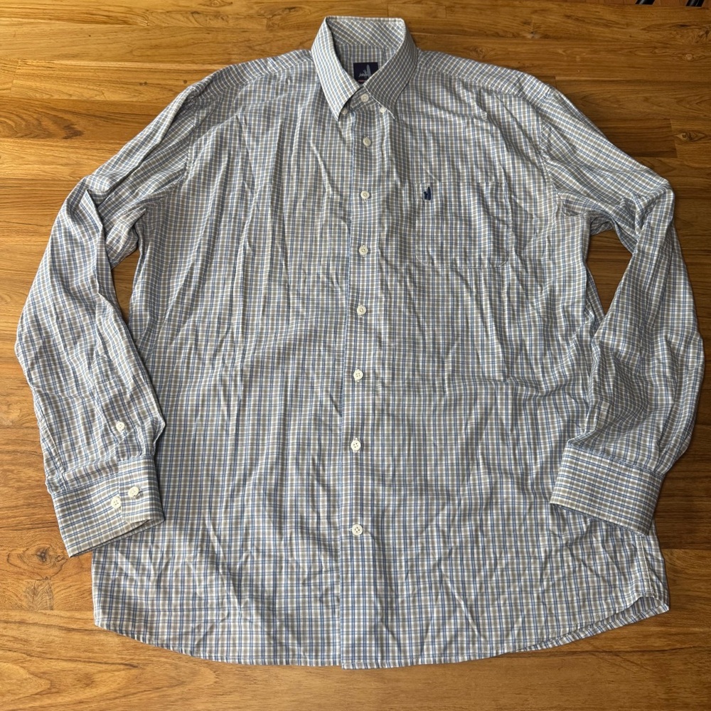 Johnnie-O Button Down Shirt Men’s Large Prep-Formance Plaid White Blue Tan